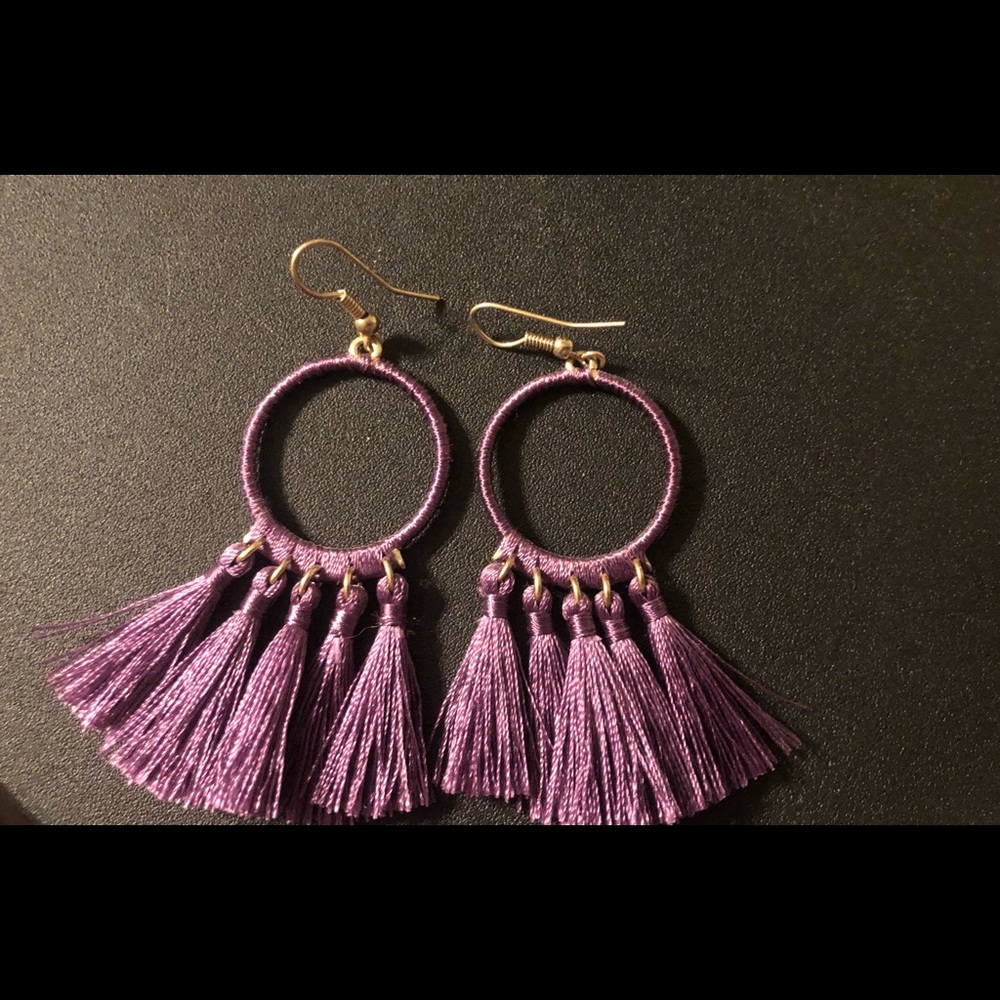 Purple Cotton Tassel Earrings with Gold Tone Base, Boho style, New.
